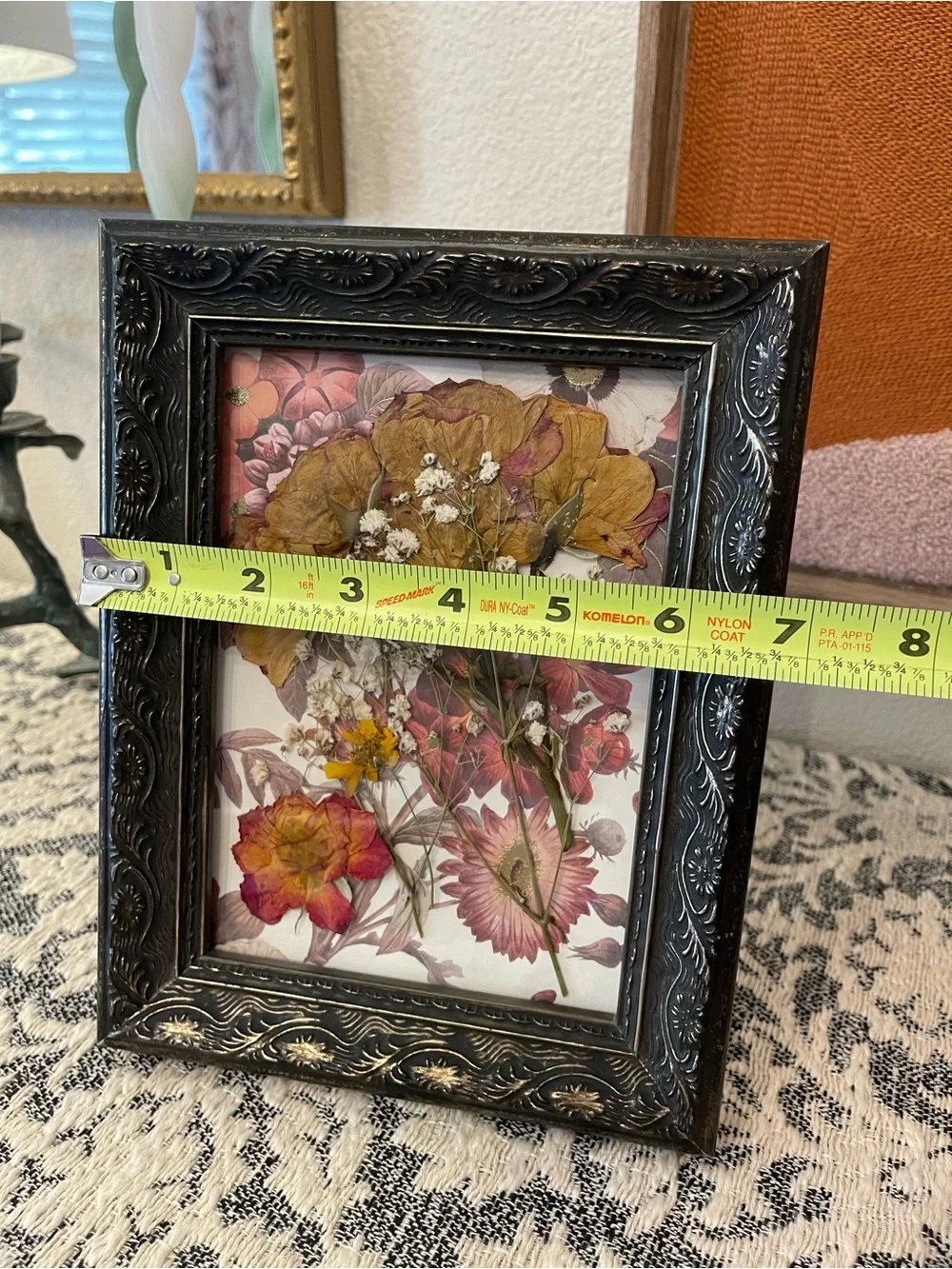 Pressed Floral Art in Black Ornate Frame